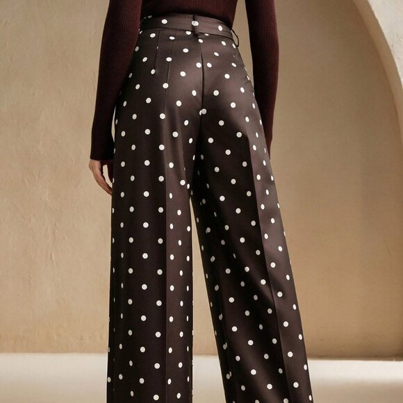 Brown Casual Women's Polka Dot High Waist Drape Suit Pants - Picture 3 of 7